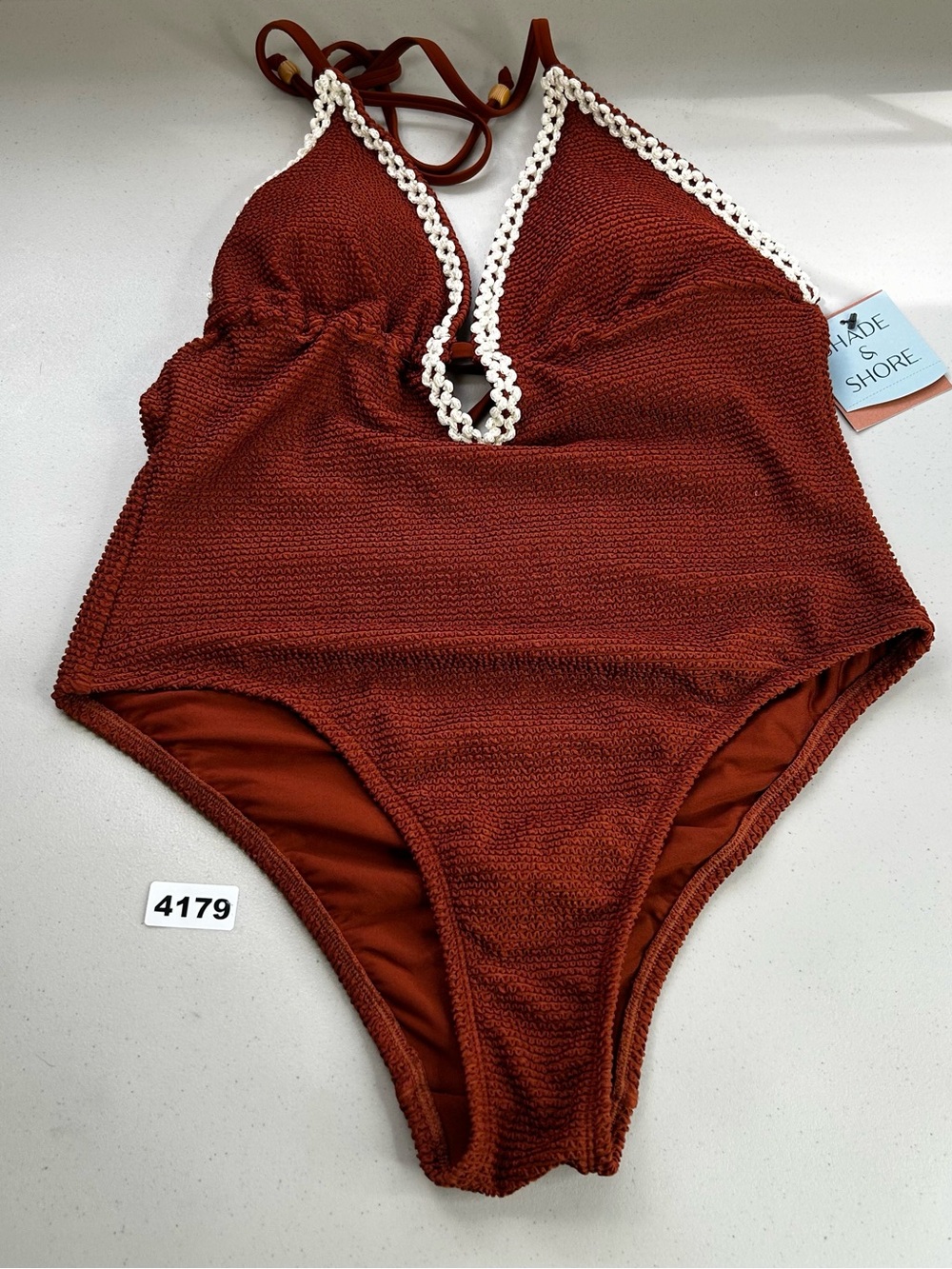 Shade & Shore One Piece Swimsuit Brown White Crochet Pucker Halter High Leg L